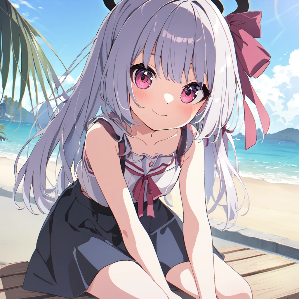 Uma naked is sitting down on a bench along the beach, 1 girl, standing alone, Unclothed, plein-air,looking ahead at viewer, ssmile, sitting down, へそ, avo ,Sweet (blue archive), Unclothed nenhuma mostrando o peito, naked