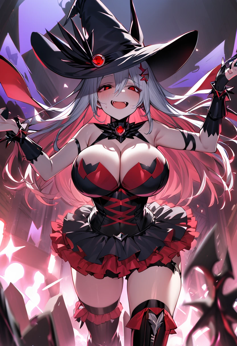 Cure happiness,  skirt,  Wrist cuff, shorts under skirt, boots, corruption, Hollow Eyes, Half closed eyes, Wicked Smile, There are no students, Crazy Smile, Open your mouth, girl２people,Blue and red accents， Dark Magical Girl,Black costume,Large Breasts（Huge breasts:1.8)