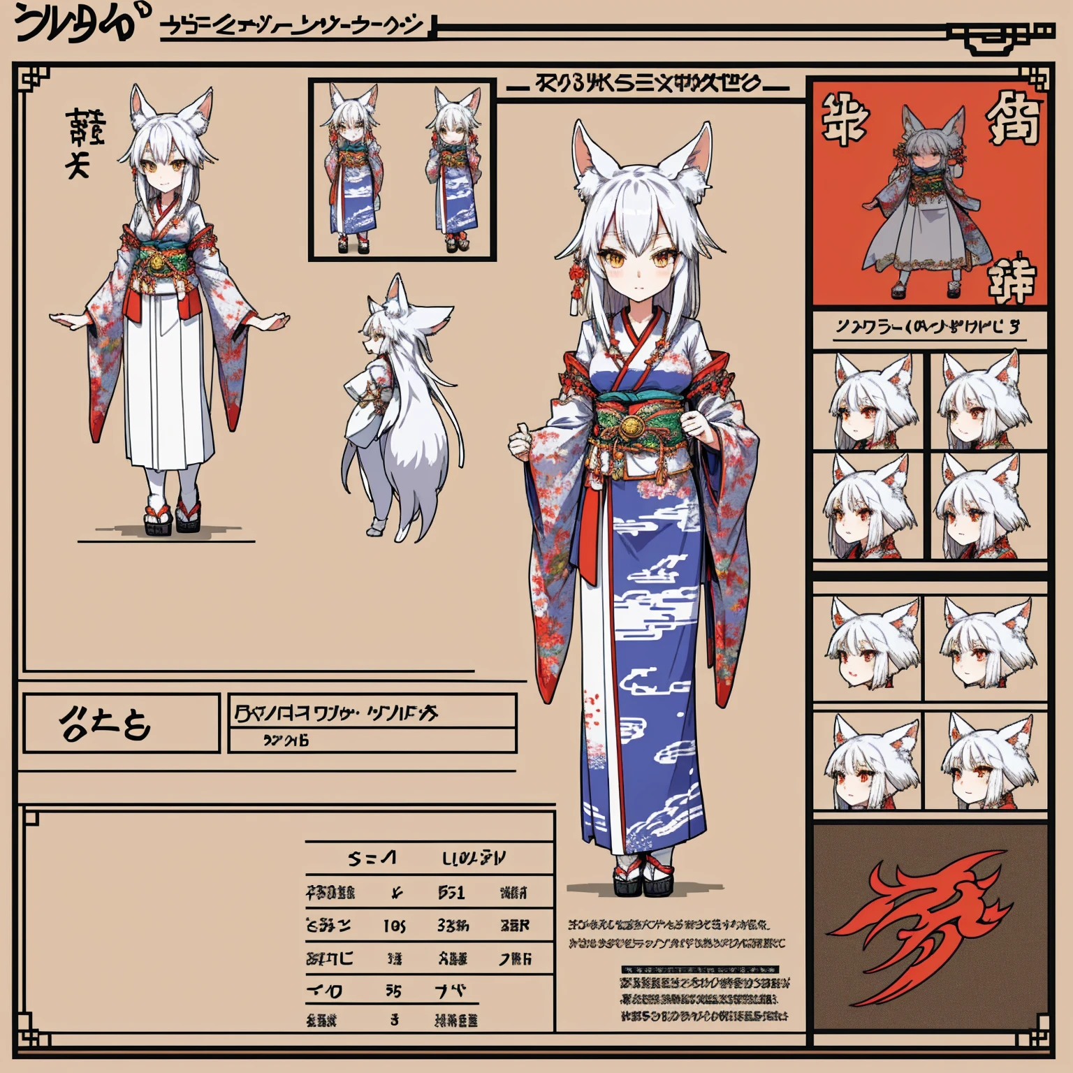 Character Sheet, A graceful wild fox girl with mostly silver hair, Japanese Shrine Maiden Costume, variation, Highest quality, pixel