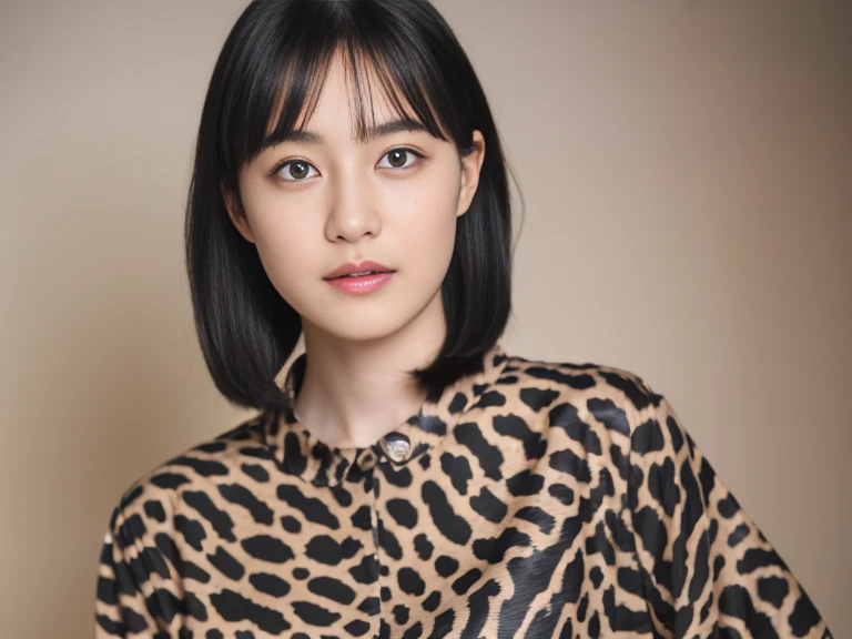 (Black Shorthair:1.2),  (a 20 yo woman), (A hyper-realistic), (masutepiece), (8KUHD), Looking at the camera, jeans, (Animal print clothes), large full breasts, hairaccessories