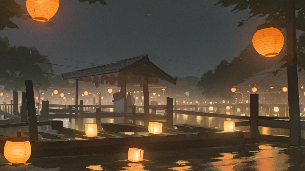 Local summer festival night、A fantastic light illuminates the surroundings、Ultra-high resolution、8k、16K、Japanese Summer Festivals、Return、A quiet and slightly lonely scene、Lanterns radiate a warm light in the night sky.、Evokes the bittersweet feeling of a late summer night,Riverside scenery、Back view of a yukata