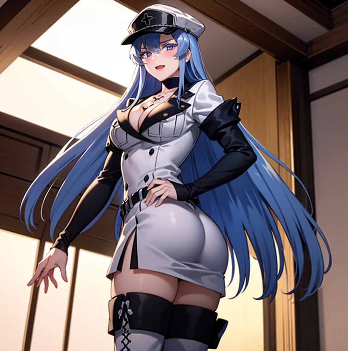 ((1girl)),((single)), esdeath,(masterpiece), (best quality), (ultra detailed), (best illustration), (best shadow), (absurdities), sharp focus, cowboy photo, looking at viewer, big breasts, narrow waist, wide hips, medium thighs, round butt, dynamic posture, mature woman, thigh high boots, white boots, long hair, blue hair, blue eyes, thighs, alone, very long hair, cleavage , chest tattoo, white boots, big breasts, military uniform, white uniform, cap with white visor, military cap, uniform, choker, zettai ryouiki, cloud, white thighs, white skin, smile, seductive smile, closed mouth, ( sexy pose: 1.2), ((solo)), standing: 1.3, interior, castle, window, night, medieval landscape, looking back, from behind, ((focus on ass)), point of view (from below ), red blush, perfect anatomy, perfect hands