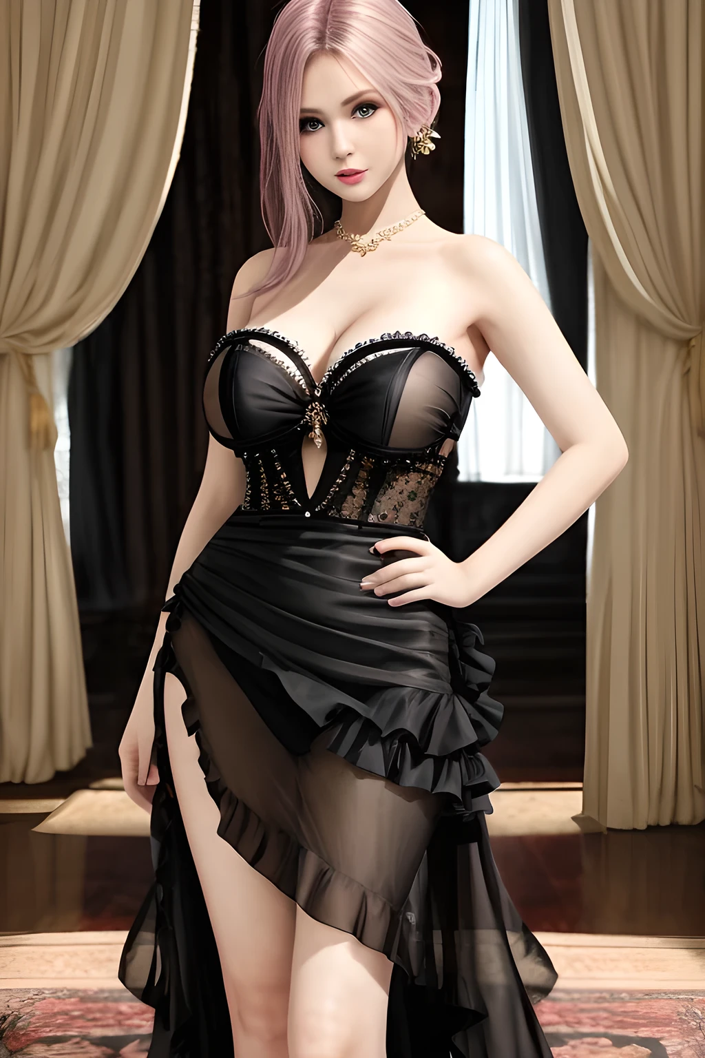 1girl is wearing an elegant black strapless dress. The dress is beautifully designed with ruching on the bodice and a cascading ruffled asymmetrical hem, adding a playful and chic touch to the outfit. The person is standing upright, with one hand gently touching their leg and the other hand relaxed by their side. The background is plain and neutral, drawing attention to the dress itself. The lighting is soft, highlighting the details of the dress and creating a fashionable and stylish atmosphere,, ????????????, elise