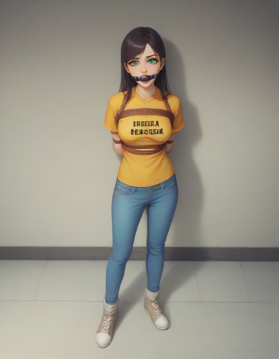 Masterpiece , highly detailed , best quality , perfect face , green eyes , fubuki , wearing short sleeves yellow printed t-shirt and blue jeans , in prison , arms bound behind back with rope and ballgagged  , looking at camera , standing still 