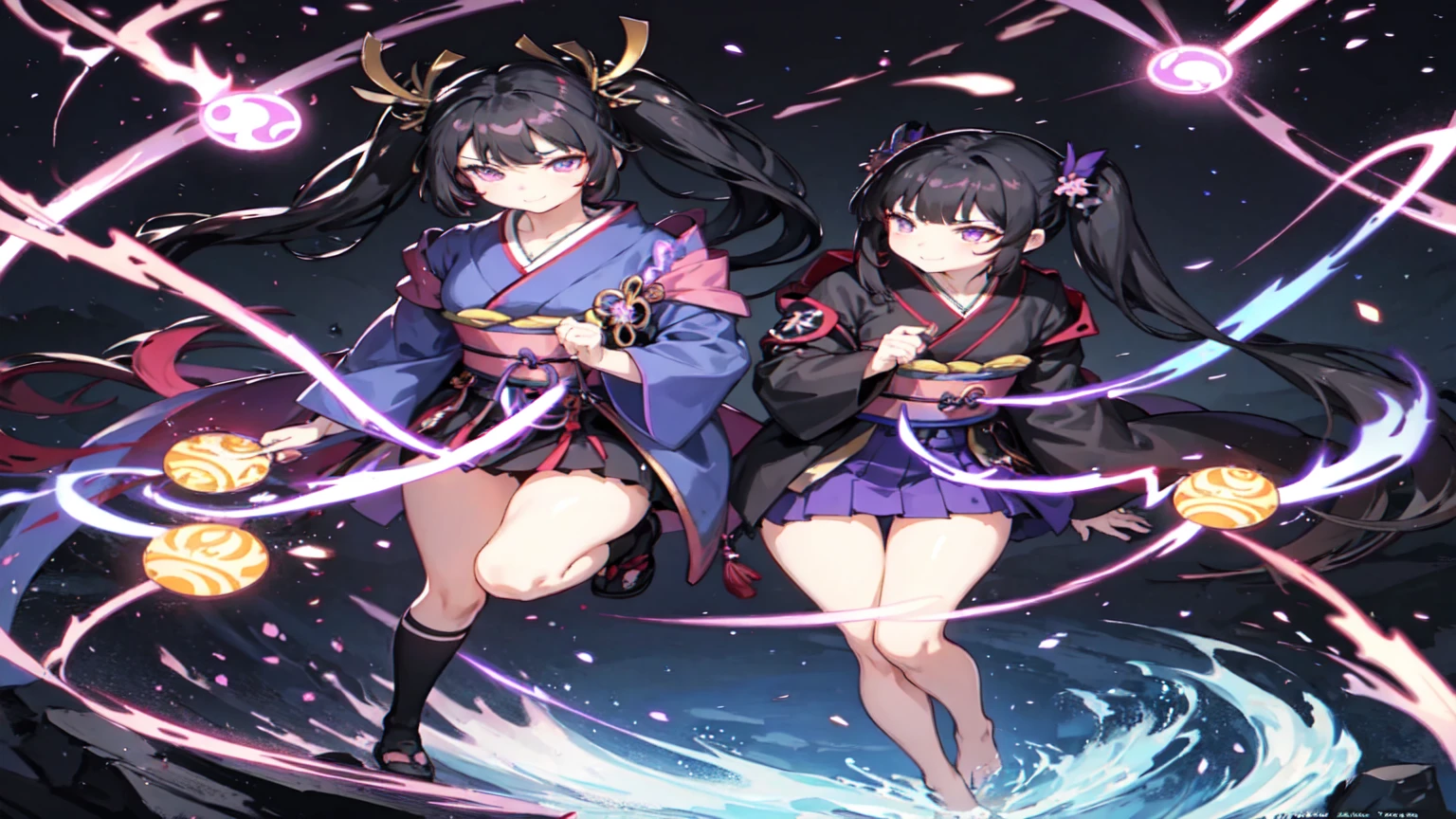 Two Girls, kimono,smile, Twin tails ,Black Hair, Purple eyes, magic circle, wallpaper, landscape, Blood, Blood splatter, Depth of written boundary, night, , Thighs, destiny \(series\), Genshin Impact, ****, Open jacket, skirt, Knee socks, cloud