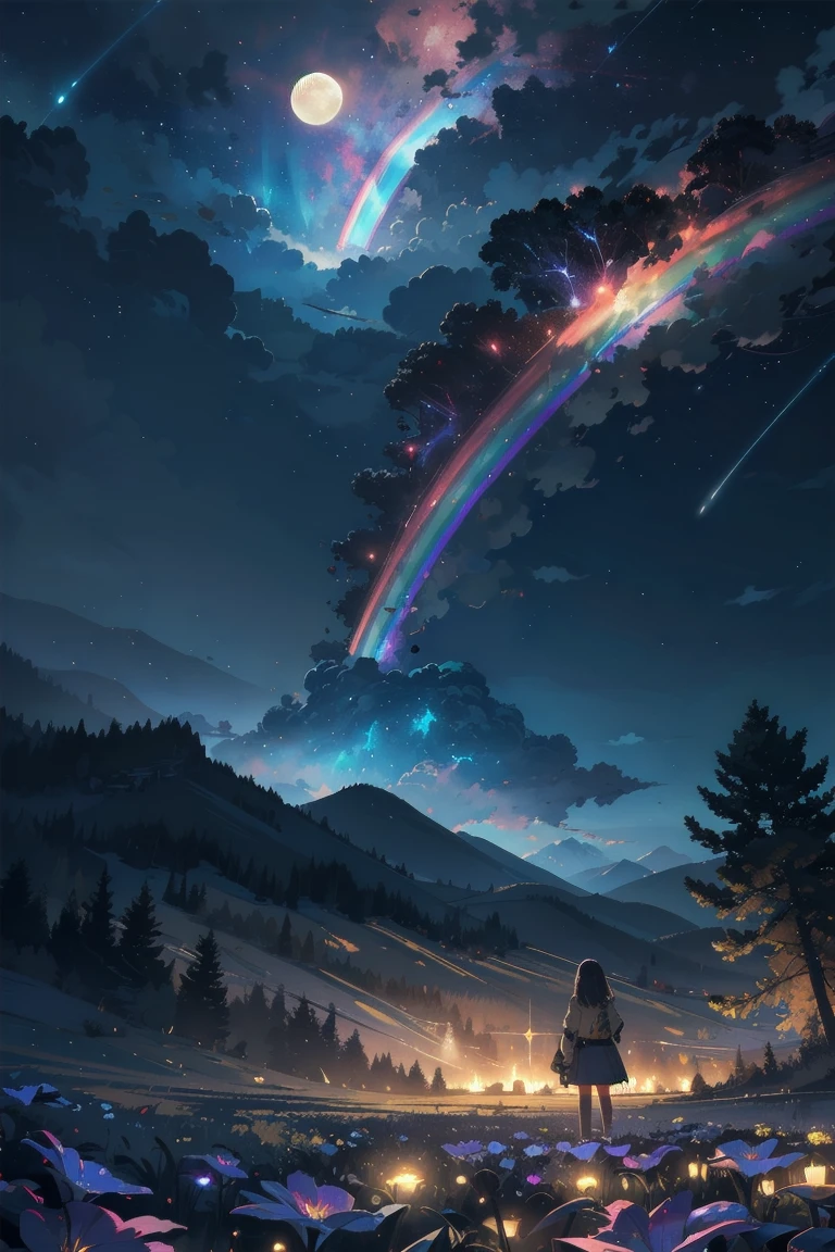Illustrations that focus on characters、Vast landscape photography , (A view from below, with the sky above and the wide fields below), A girl standing in a flower field looking up, (full moon:1.2), ( shooting star:0.9), (nebula:1.3), Distant Mountain, Treebreak Production Art, (Warm light source:1.2), (fire Fly:1.2), lamp, Lots of purple and orange, Intricate details, Volumetric lighting, Realism Break
(masterpiece:1.2), (Highest quality), 4K, Very detailed, (Dynamic configuration:1.4), Very detailed, Colorful details,( Rainbow colors:1.2), (Glowing lights, Atmospheric lighting), dream-like, Magic, (alone:1.2)