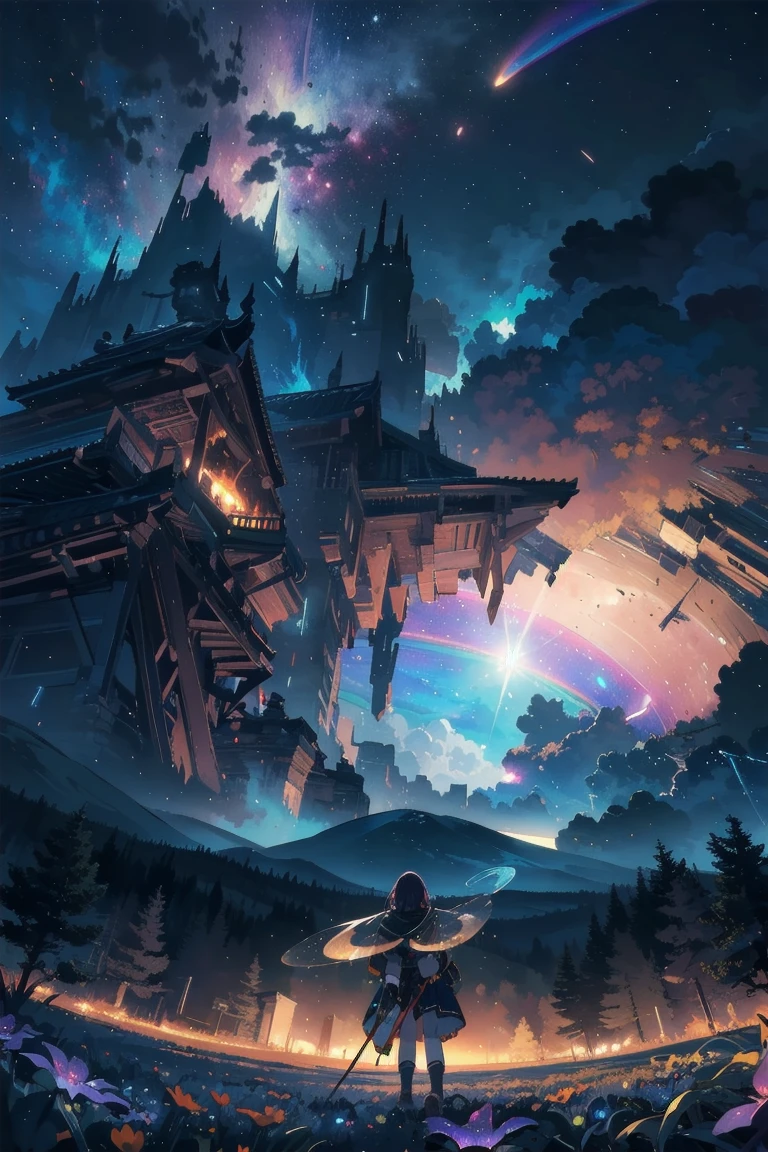 Illustrations that focus on characters、Vast landscape photography , (A view from below, with the sky above and the wide fields below), A girl standing in a flower field looking up, (full moon:1.2), ( shooting star:0.9), (nebula:1.3), Distant Mountain, Treebreak Production Art, (Warm light source:1.2), (fire Fly:1.2), lamp, Lots of purple and orange, Intricate details, Volumetric lighting, Realism Break
(masterpiece:1.2), (Highest quality), 4K, Very detailed, (Dynamic configuration:1.4), Very detailed, Colorful details,( Rainbow colors:1.2), (Glowing lights, Atmospheric lighting), dream-like, Magic, (alone:1.2)