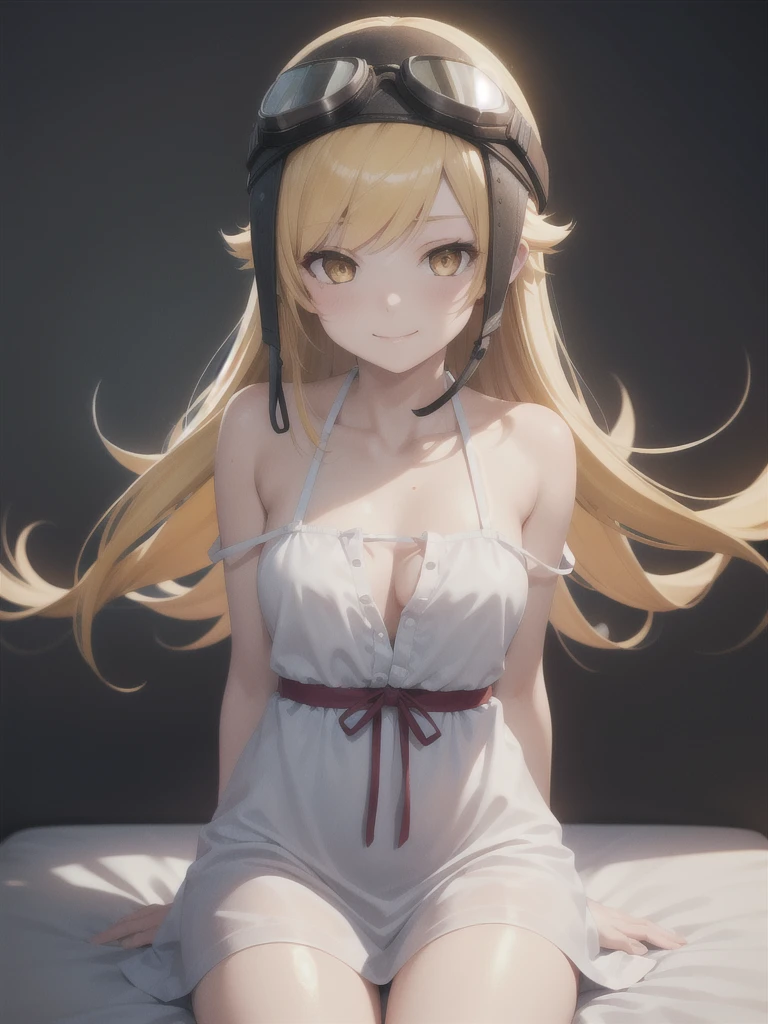 oshinoshinobu, oshinoshinobu, Helmet, goggles, Strap slip, goggles on head, 8k, masterpiece, Absurd, anime, Long Hair, bangs, blunt bangs, (Vermilion eyes:1.1), Blonde, smile, break looking at viewer, (Cowboy Shot:1.5), break (masterpiece:1.2), Highest quality, High resolution, unity 8k wallpaper, (figure:0.8), (Beautiful attention to detail:1.6), Highly detailed face, Perfect lighting, Highly detailed CG, (Perfect hands, Perfect Anatomy), (3D Face:1.1), (Shiny skin:1.5), (超High resolution intricate face details), (Facial skin pores:1.3), 超High resolution cloth texture, 大きなsmile、Blushing、Open your mouth, Showing off her perfect legs, indian style:1.5, arms behind back, White dress, mansion bedroom, In the middle of the night, Moonlight, Sitting on the bed