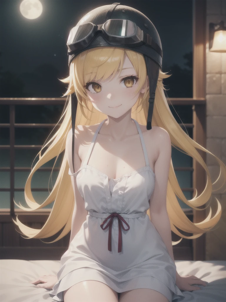 oshinoshinobu, oshinoshinobu, Helmet, goggles, Strap slip, goggles on head, 8k, masterpiece, Absurd, anime, Long Hair, bangs, blunt bangs, (Vermilion eyes:1.1), Blonde, smile, break looking at viewer, (Cowboy Shot:1.5), break (masterpiece:1.2), Highest quality, High resolution, unity 8k wallpaper, (figure:0.8), (Beautiful attention to detail:1.6), Highly detailed face, Perfect lighting, Highly detailed CG, (Perfect hands, Perfect Anatomy), (3D Face:1.1), (Shiny skin:1.5), (超High resolution intricate face details), (Facial skin pores:1.3), 超High resolution cloth texture, 大きなsmile、Blushing、Open your mouth, Showing off her perfect legs, indian style:1.5, arms behind back, White dress, mansion bedroom, In the middle of the night, Moonlight, Sitting on the bed