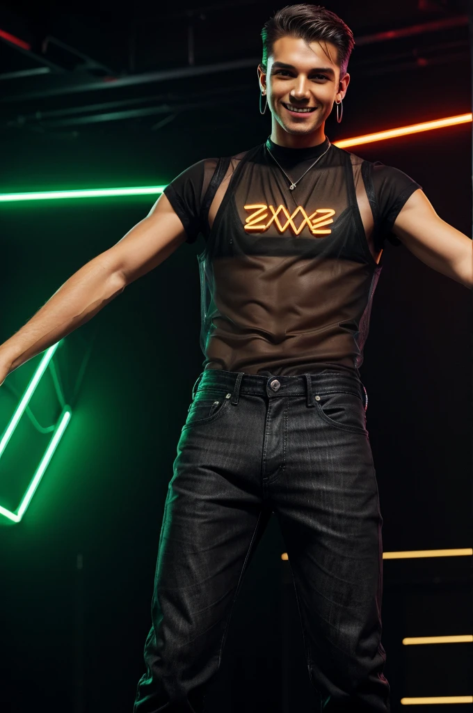 man, short, straight hair, light brown color, emerald green eyes, has silver cross-shaped earrings in each ear, wears a transparent black mesh shirt and over it a black jean vest, is wearing black jeans and black sports shoes , is dancing in a nightclub, illuminated by orange neon lights, has an excited smile and is sweating, anime portrait style