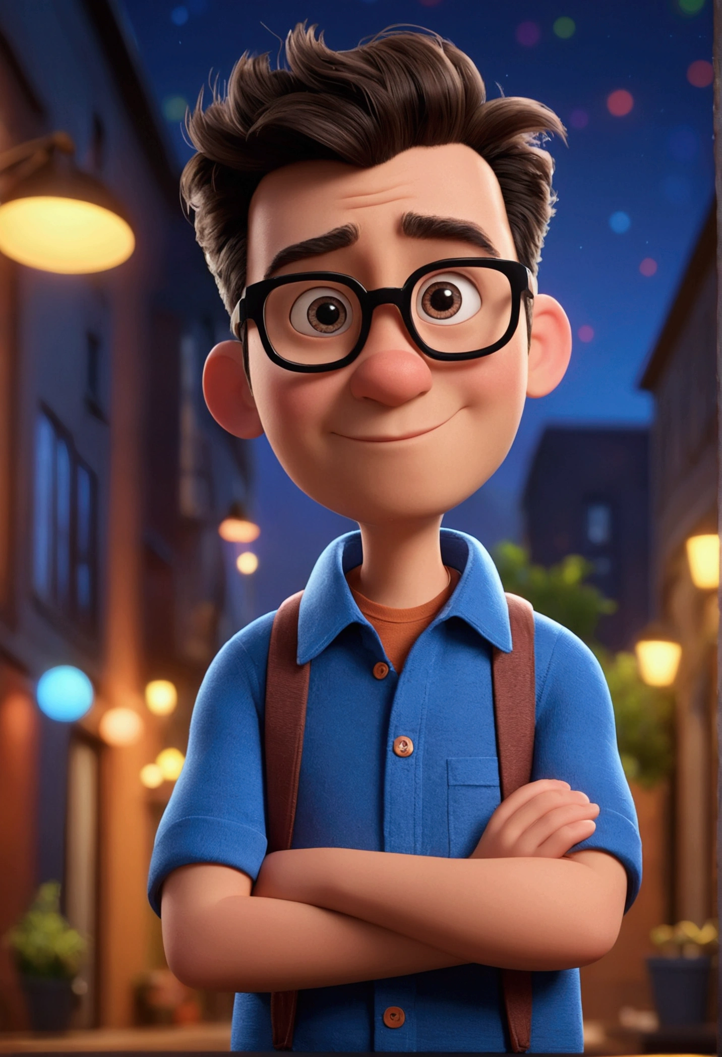 Cartoon character of a man wearing black glasses and a blue shirt, um personagem animado, Caractere estilizado, animation style rendering, 3D estilizado, Arnold Maya render, 3 d render stylized, toon render keyshot, Personagem 3D, Personagem 3D, 3d rendering stylized, 3 d character render, personagem de desenho animado, Personagem de close up, Pose de personagem, (Estilo Pixar) (master part:1.2) (Bokeh) (best quality) (pele detalhada) (textura detalhada) (8k) (argila) (Cinematic lighting) (foco nítido,Senta e vaza a parte superior do corpo