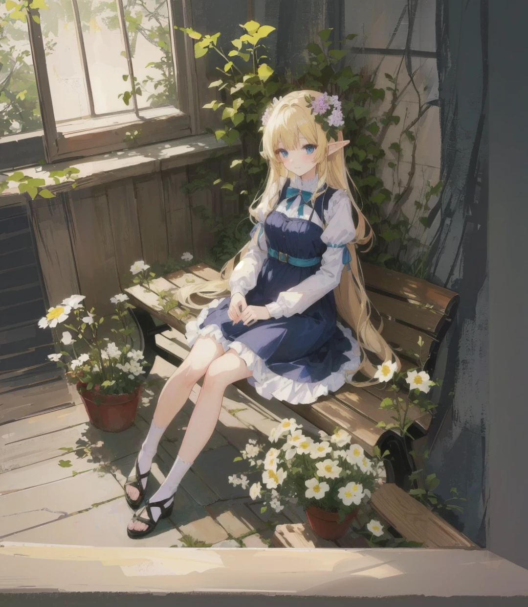 anime elf girl sitting on a bench with a flowers, in dress, cute anime waifu in a nice dress,, shot from about, blonde long hair