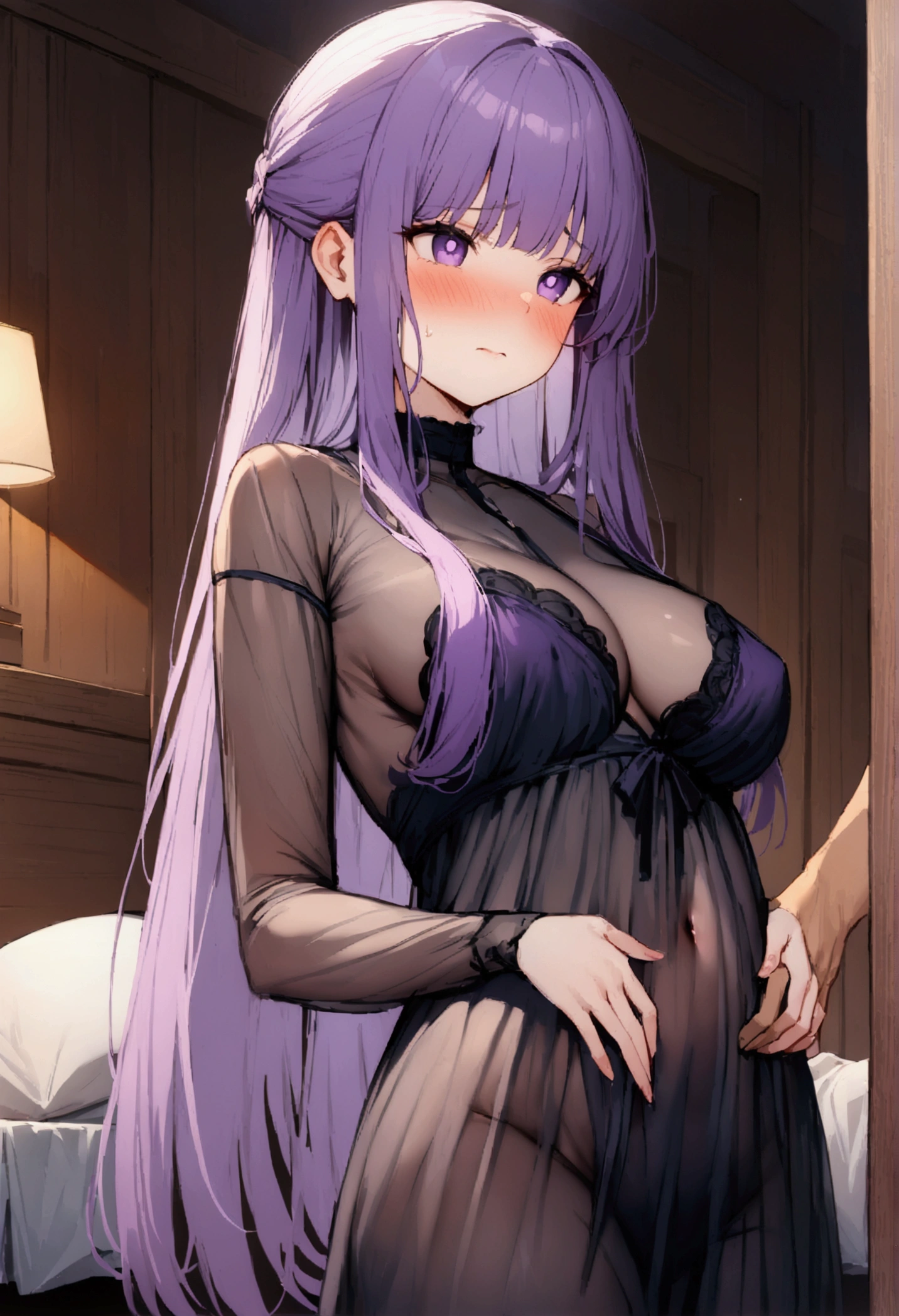 NSFW,masterpiece,Highest quality,High resolution,Super detailed,Fern\(Funeral of Frieren\),Purple eyes,Purple Hair,Long Hair,(High-quality see-through negligee),Embarrassed,blush,expectant face,Inn at night,bedroom,(Young men),A man puts his hands on her waist and hugs her,Put your hands inside your clothes,Circling the body