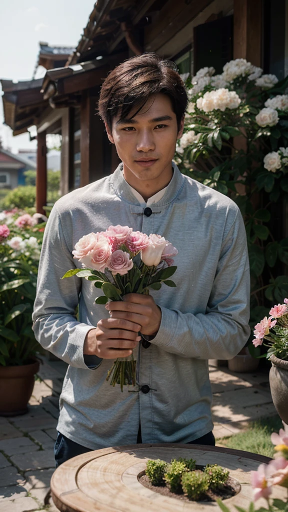 Realistic photography, 8k , handsome young chinese man , sniffing the flowers, smirk