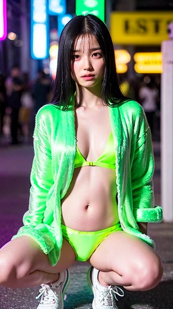 (Neon Lights, at crowd night street, 1 girl, small breasts, naked Neon yellow satin bathrobe and panties, belly button, sneakers, medium black hair, straight hair, hair down, Spread legs, squatting:1.5), fair-skinned, glossy lips, skinny, body type, delicate and sexy clavicle, highest quality, RAW photo, realistic, face, incredibly ridiculous beautiful girl, cute, Depth of bounds written, High resolution, ultra detail, detailed, Very detailed, extremely detailed eye and face, sharp pupils, sharp focus