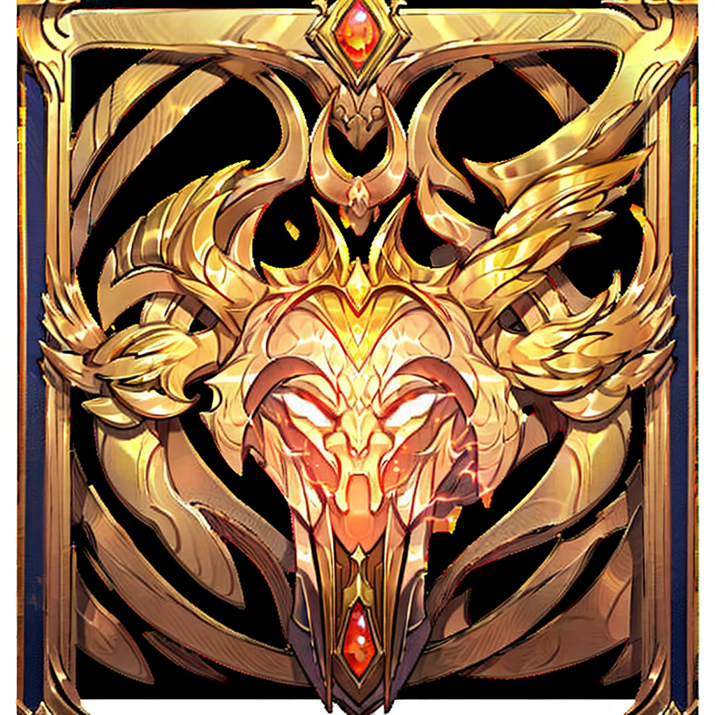 A majestic golden avatar frame, empty middle, adorned with a crown and wings, radiates with a warm glow, symbolizing victory and achievement. The on botton ruby gem sparkles with a fiery intensity, adding a touch of elegance and power.

[Digital art, stylized, inspired by game UI design], [High contrast, sharp edges, glowing highlights, black background, intricate details, focus on the center of the frame]