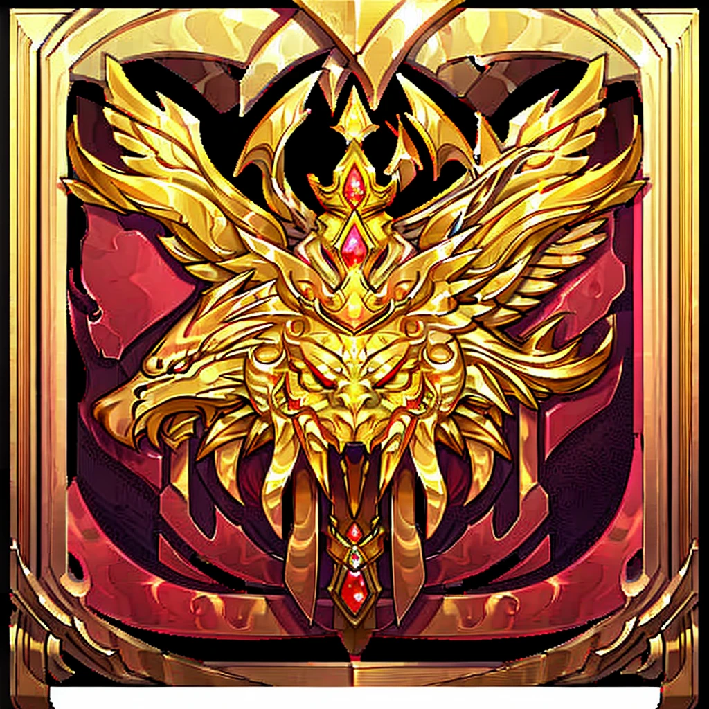 A majestic golden avatar frame, empty middle, adorned with a crown and wings, radiates with a warm glow, symbolizing victory and achievement. The on botton ruby gem sparkles with a fiery intensity, adding a touch of elegance and power.

[Digital art, stylized, inspired by game UI design], [High contrast, sharp edges, glowing highlights, black background, intricate details, focus on the center of the frame]