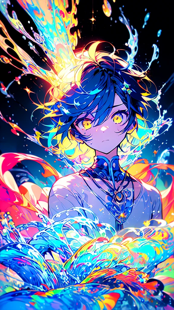 [(BLACK BACKGROUND:1.5),::5], ((((masterpiece)))), high quality, very_high_resolution, large_filesize, upper body, full color, ((younger boy)), 13 old year, short deepblue hair, vivid color, ((yellow eye)), Summer clothes white, animestyle, (NeonSoda Splash effect:1.3)