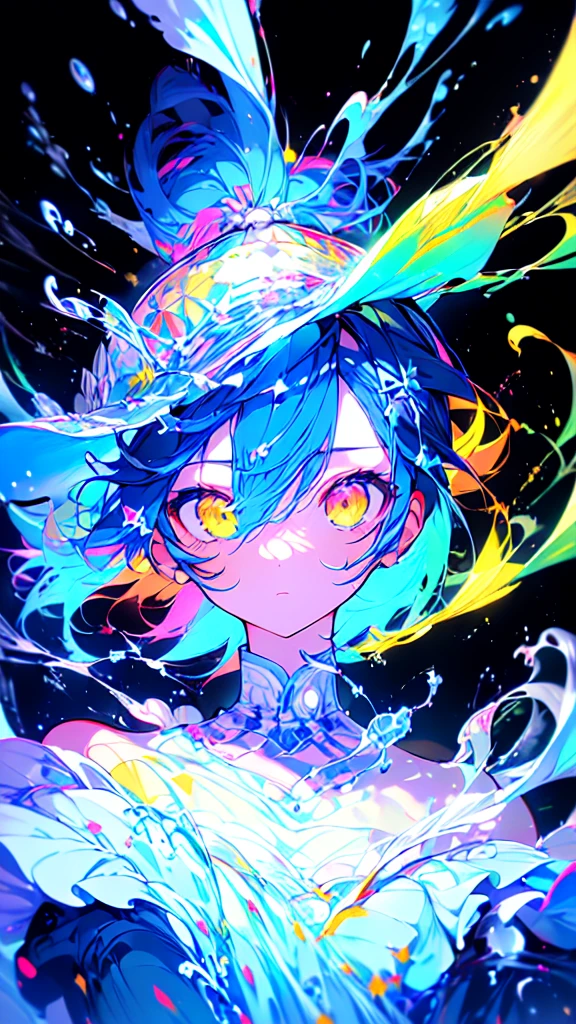 [(BLACK BACKGROUND:1.5),::5], ((((masterpiece)))), high quality, very_high_resolution, large_filesize, upper body, full color, ((younger boy)), 13 old year, short deepblue hair, vivid color, ((yellow eye)), Summer clothes white, animestyle, (NeonSoda Splash effect:1.3)