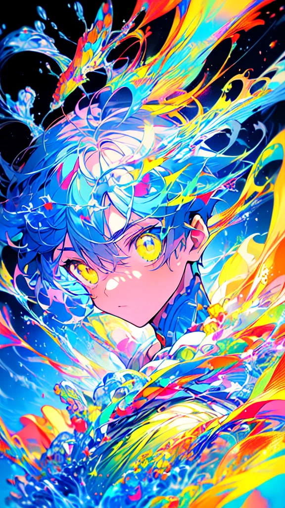 [(BLACK BACKGROUND:1.5),::5], ((((masterpiece)))), high quality, very_high_resolution, large_filesize, upper body, full color, ((younger boy)), 13 old year, short deepblue hair, vivid color, ((yellow eye)), Summer clothes white, animestyle, (NeonSoda Splash effect:1.3)