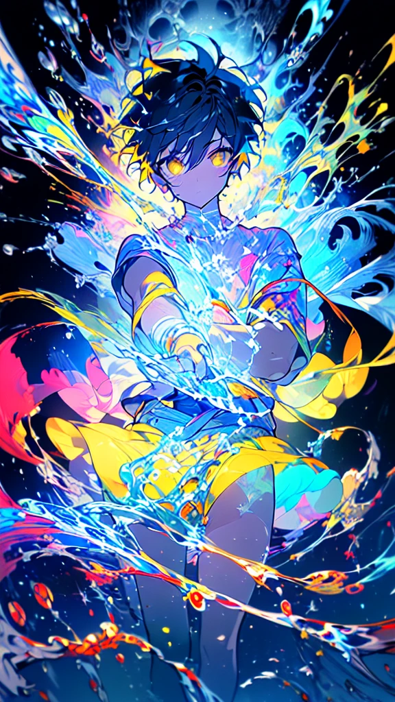 [(BLACK BACKGROUND:1.5),::5], ((((masterpiece)))), high quality, very_high_resolution, large_filesize, upper body, full color, ((younger boy)), 13 old year, short deepblue hair, vivid color, ((yellow eye)), Summer clothes white, animestyle, (NeonSoda Splash effect:1.3)