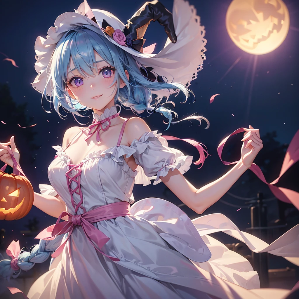 (Light blue medium hair),(Braided hair)、Pink eyes、Fair skin、cowboy shot、Halloween、The background is a pumpkin ghost、Crescent Moon、Trick or Treat、A lot of sweets、witch、Halloween night、Candy、A surprising smile、solo、(masterpiece、Highest quality、Very detailed、Best Shadow)、(Detailed Background)、(Beautifully detailed face)、High contrast、(Best lighting、Very delicate and beautiful)、(Cinematic Light)、colorful、Hyper Detail、Dramatic Light、Exquisite detail、