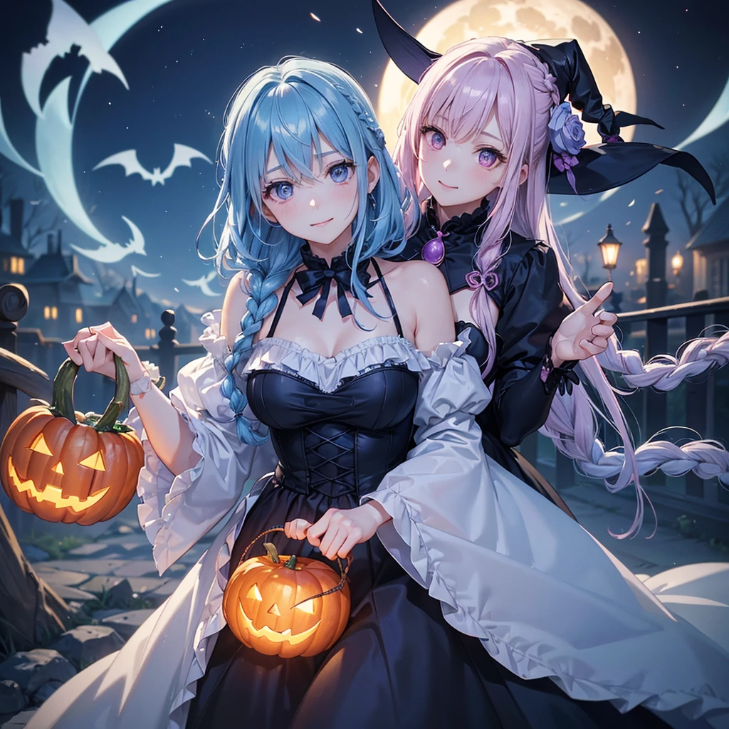 (Light blue medium hair),(Braided hair)、Pink eyes、Fair skin、cowboy shot、Halloween、The background is a pumpkin ghost、Crescent Moon、Trick or Treat、A lot of sweets、witch、Halloween night、Candy、A surprising smile、solo、(masterpiece、Highest quality、Very detailed、Best Shadow)、(Detailed Background)、(Beautifully detailed face)、High contrast、(Best lighting、Very delicate and beautiful)、(Cinematic Light)、colorful、Hyper Detail、Dramatic Light、Exquisite detail、