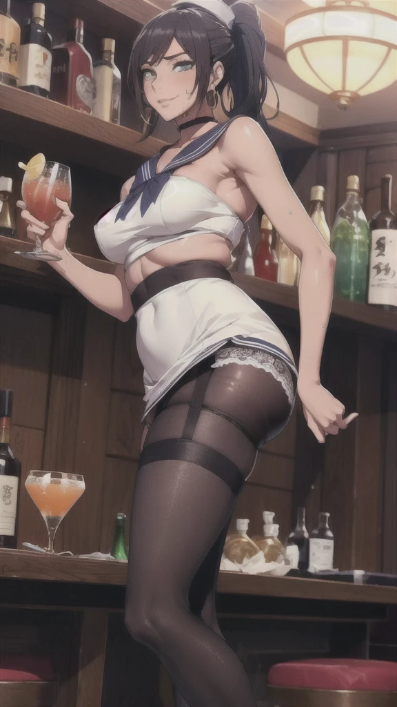 ((Correct Anatomy)),((Bar counter)),((Holding a cocktail glass)),((((Sailor suit)))),((Beautiful feet)),((White lace panties)),((A shy smile)),((mini skirt)),((Black Pantyhose)),((black tights)),((garter belt)),((high school girl)),Ultra-high resolution,Mature Woman, Mature Woman, Very detailed,Extremely fine skin,Beautiful Skin,((Sweating all over the body)),(Big Breasts),((Beautiful legs)),Perfect hands, Detailed fingers, Beautiful details, ((Long Hair)),((ponytail)),Black choker, Earrings,loafers,Luxury,Perfect Eyes, Captivating eyes