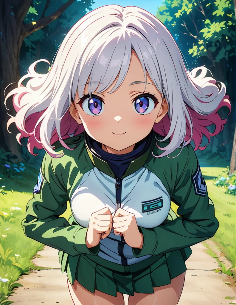 (anime artwork, anime style, studio anime, very detailed, up to date, vibrant, Anime Coloring, high contrast, masterpiece:1.2, best quality, best aesthetics),army suit, pleated skirt, Medium chest, A glimpse of thighs,random hair, One eye is hidden by the bangs, perfect proportions, high detail skin, Cute, detailed faces,forest, precise fingers,panty shot ,roll over,supine pose