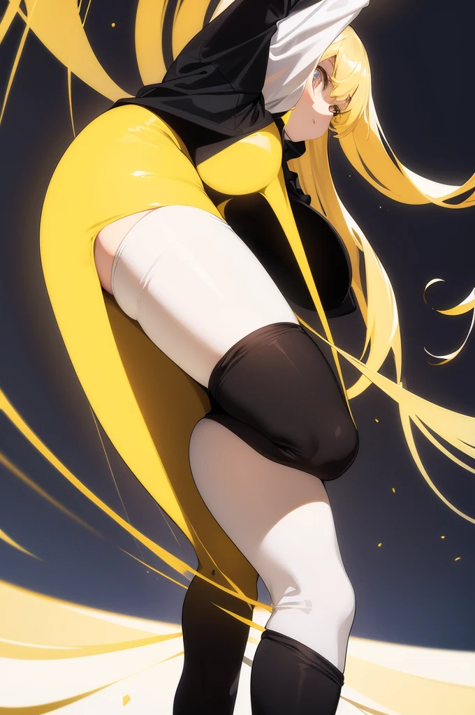 A girl with big , yellow hair, tight white tights, a black shirt, and a white tights