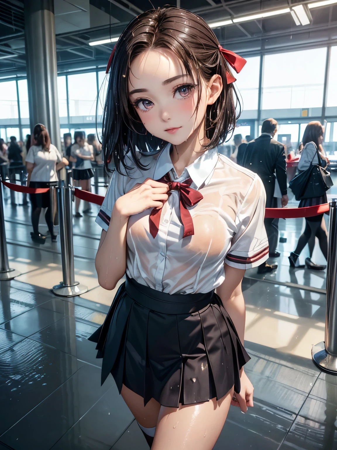 ((Best of the highest quality, 8k, Masterpiece, raw photo: 1.1)), (Sharp focus: 1.1), (1 AESPA, slim body type female, 22 y/o: 1.1), solo, Portrait Waist Up, (realistic, photo-realistic:1.37), face focus, finely small eyes, (forehead, short bob hair: 1.32), (sharp chin, droopy eyes: 1.32), (Emphasize prominent aegyo-sal with bright: 1.28), shimmering eyeshadow applied under the lower lash line, paired with thick, (small breasts, flat chest, thigh: 1.2), (short messy hair: 1.2), (wet school uniform, ribbon: 1.28), walking airport terminal, flower, anime