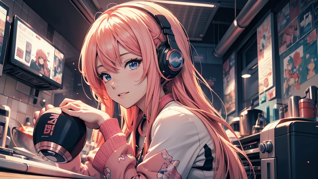 Woman wearing headphones, Anime Style 4 k, anime wallpaper 4k, anime wallpaper 4k, 4k anime wallpaper, anime art wallpaper 4k, anime art wallpaper 4k, Anime Style. 8k, Anime atmosphere, , Ultra HD Anime Wallpaper, Anime Art Wallpaper 8K, Anime Background,landscape、cooking
