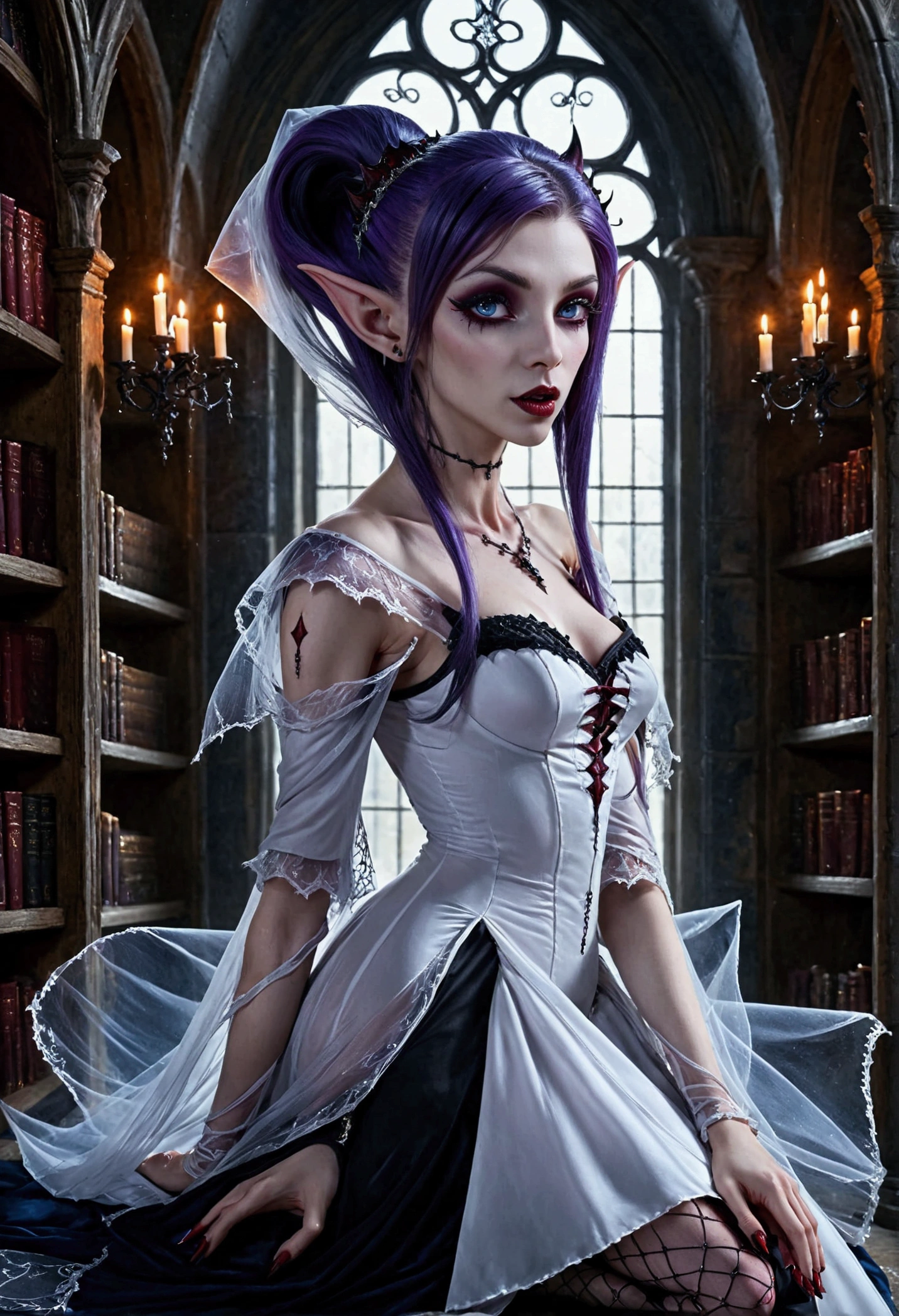 arafed a picture of elf vampire in her castle. an exquisite beautiful female elf vampire (ultra details, Masterpiece, best quality), full body, ((anatomically correct: 1.5) bloody mouth, purple hair, pale skin, hair in a ponytail, long hair, blue eyes, (small pointed ears: 1.2), cold eyes, smirking, wearing white dress (ultra details, Masterpiece, best quality), red cloak, wearing high heels, in dark fantasy library, book shelves, vibrant, Ultra-high resolution, High Contrast, (masterpiece:1.5), highest quality, Best aesthetics), best details, best quality, highres, ultra wide angle, 16k, [ultra detailed], masterpiece, best quality, (extremely detailed) RAW, dark fantasy art, gothic art, wearing Haute_Couture designer dress, Dark Novel, Dark Art Painting Style, dripping blood, hud_s1n, short black dress, long sleeves, veil, thighhighs, digital painting