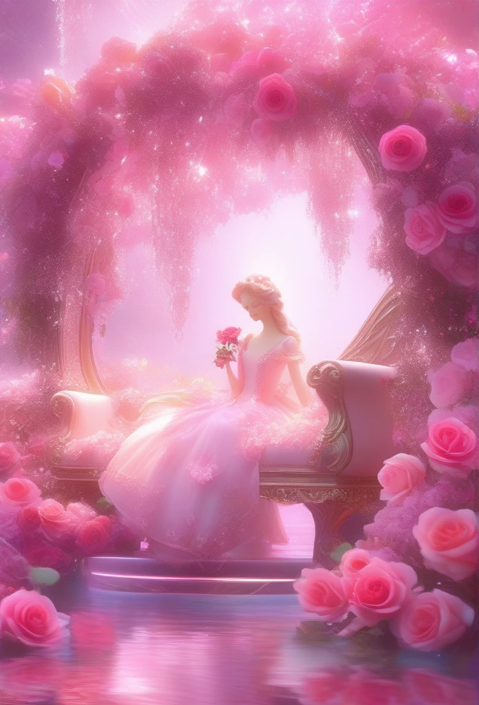 Flower Art, Rose, Fantasy, photograph, cute, cuteアニメ, Pale magenta and pale crimson style, Underground, Sparkling water reflections, Rococo portrait, Ether Tree, monoplane, les nabis,Tranquility,dream-like,16K high resolution, masterpiece, Highest quality, rose garden