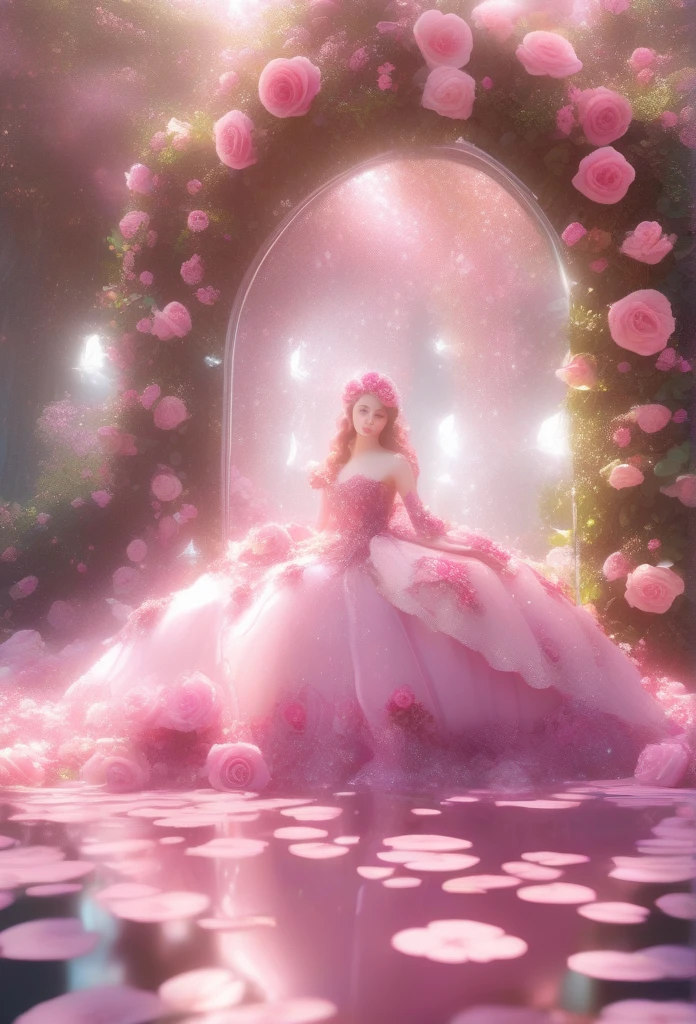 Flower Art, Rose, Fantasy, photograph, cute, cuteアニメ, Pale magenta and pale crimson style, Underground, Sparkling water reflections, Rococo portrait, Ether Tree, monoplane, les nabis,Tranquility,dream-like,16K high resolution, masterpiece, Highest quality, rose garden
