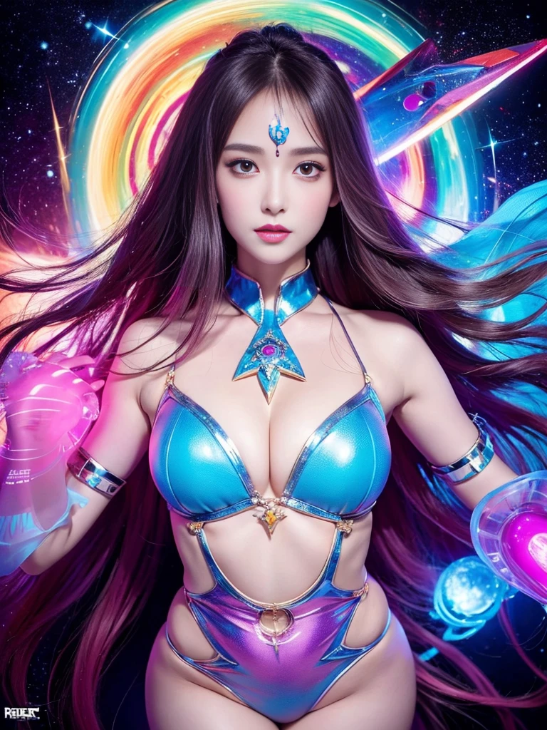 masterpiece、top-quality、8K、detaileds、Detailed face and skin、hight resolution、perfect anatomia、physically-based renderingt、Photorealsitic、1 person woman、20yr old、FULL BODYSHOT、Long Wave Hair、accurate anatomy, Woman in bodysuit with glowing body and colorful swirls, psychedelic goddess, goddess of universe, colorfull digital fantasy art, cyborg goddess in cosmos, 3 d neon art of a womens body, colorful aura, psytrance artwork, Goddes of the Galaxy, astral appearance, goddess of space and time, astral ethereal, Portrait of the Goddess of the Universe, fantasy digital art,