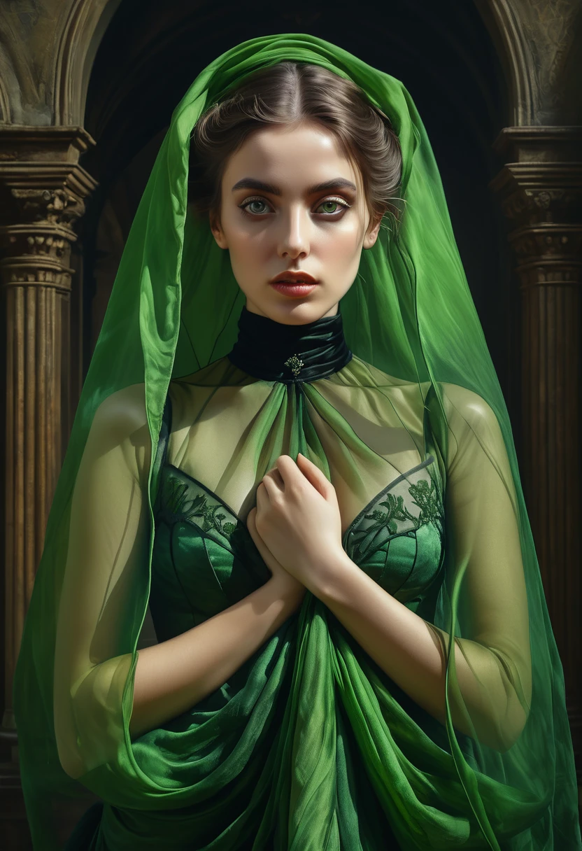  portrait of beautiful female model in green organza cloth draped around her body, gothic style, gothic background, perfect symmetric eyes, oil on canvas, by Raphael, Caravaggio, Greg Rutkowski, Beeple, Beksinski, perfect composition, intricate insanely detailed, octane render, trending on artstation, 8 k artistic photography, photorealistic concept art, soft natural volumetric cinematic shadow casting, depth of field, unreal engine, award winning photograph, masterpiece ,