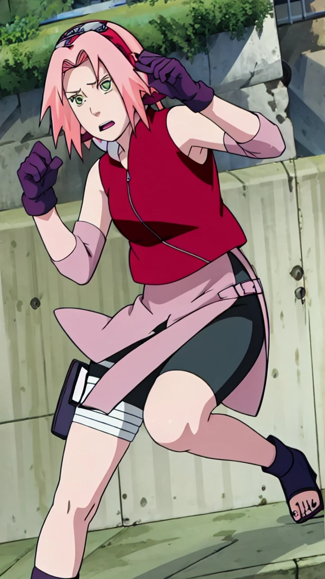 Sakura Haruno, Sakura Shippuden, open shirt,The buttons are unbuttoned., Split down the middle of the shirt, Sleeveless, Masterpiece, 1 woman, green eyes, condescending, elbow covers, black gloves, full body,Leg kick,Raise your legs high..,jump,angle