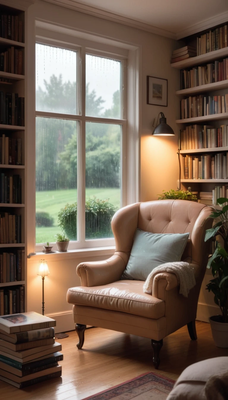 A small, cozy reading nook with a comfortable armchair, soft lighting, and shelves filled with books. The background features a window with a view of a peaceful, rain-soaked garden.