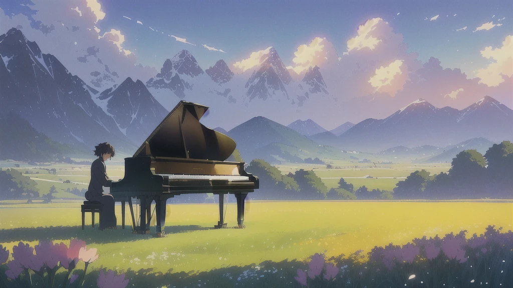 There is a piano in a field with flowers and mountains in the background, Official Artwork, ( ( Makoto Shinkai ) ), Lofi Artstyle, Atei Gailan Style, Full Piano, Beautiful peaceful scene in anime, Official Fan Art, Lofi Art, lofi album art, studio glibly Makoto Shinkai, Official Art