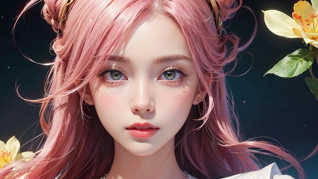 One girl, alone, flower畑, flower, (Official Art, unity 8k wallpaper, Super detailed, beautifully、aesthetic, masterpiece ,Highest quality:1.3), (Dynamic Angle:1.2), (Floating colorful sparkles:1) , elegant, Vibrant colors, Highly detailed face, Detailed eyes, Glowing Skin, Glossy Lips , Pale pink and pale orange background, Pink Hair,