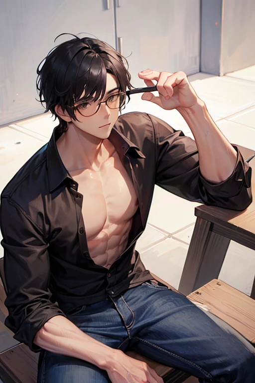 Male, black hair, hair parted in the middle, a scar on the right cheek, brown eyes, no shirt, muscular, large chest Wear glasses, Handsome face