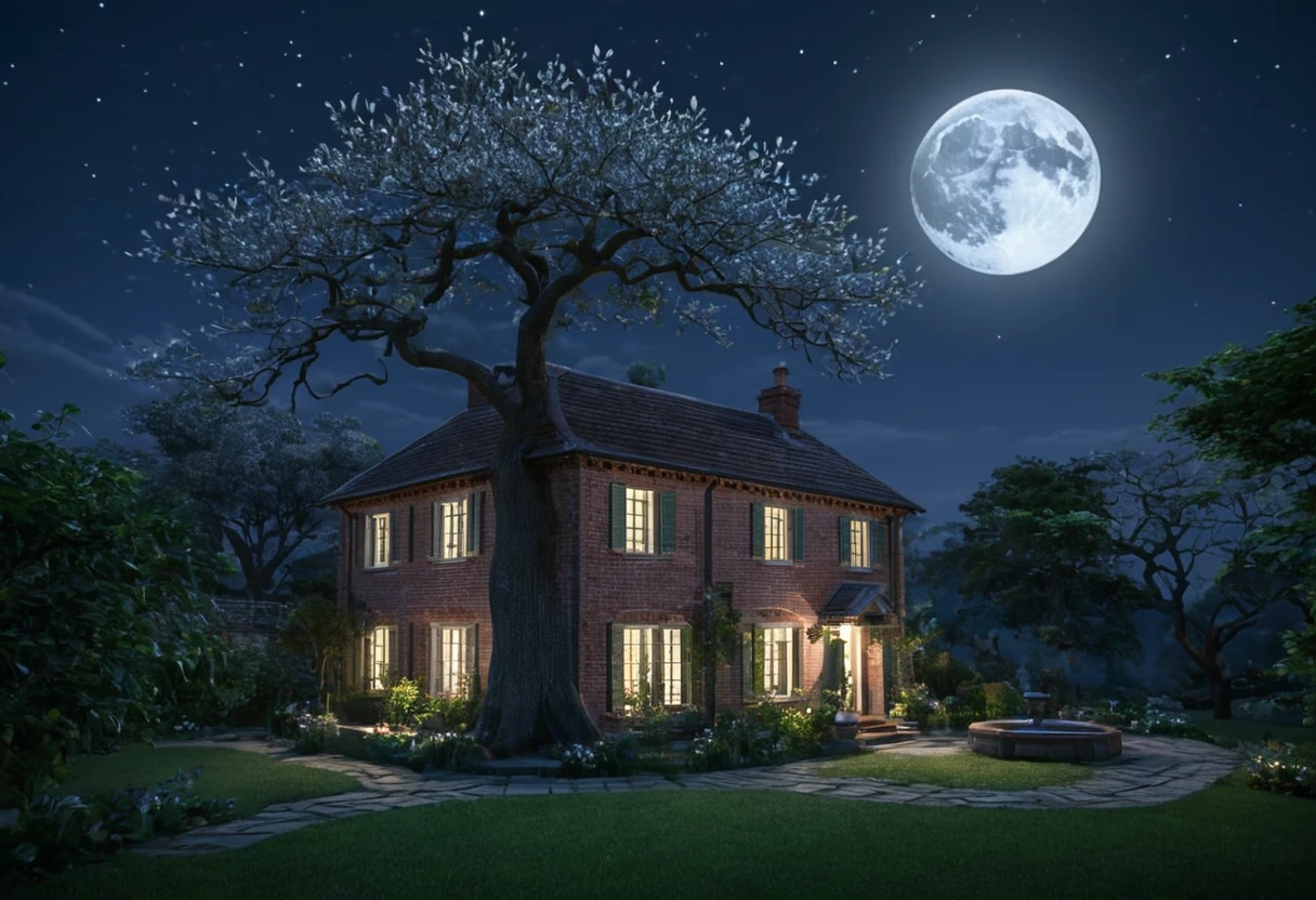 Generate a breathtakingly beautiful nighttime photo of a brick house with a single tree beside it, illuminated by the soft glow of moonlight. The brick house should have a rustic charm with a gabled roof and visible texture on the bricks. The tree next to the house is tall and majestic, with branches gently swaying in the night breeze. The scene is bathed in the serene, silvery light of a full moon hanging high in the clear, starry sky. The moonlight casts gentle shadows, highlighting the details of the house and the tree, while creating a tranquil and mystical atmosphere. The foreground includes a well-tended garden with subtle hints of foliage, adding depth to the scene. The overall composition should evoke a sense of calm and wonder, capturing the beauty of a peaceful night in the countryside.