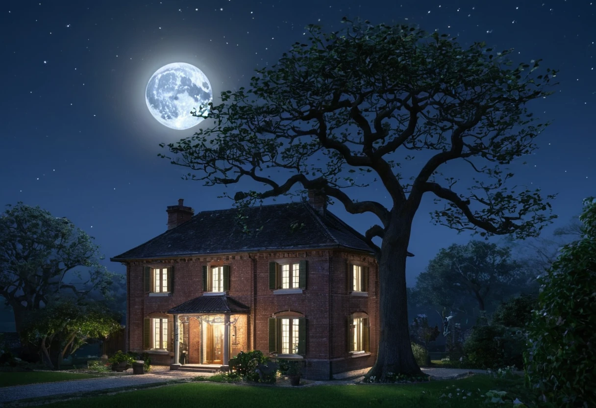 Generate a breathtakingly beautiful nighttime photo of a brick house with a single tree beside it, illuminated by the soft glow of moonlight. The brick house should have a rustic charm with a gabled roof and visible texture on the bricks. The tree next to the house is tall and majestic, with branches gently swaying in the night breeze. The scene is bathed in the serene, silvery light of a full moon hanging high in the clear, starry sky. The moonlight casts gentle shadows, highlighting the details of the house and the tree, while creating a tranquil and mystical atmosphere. The foreground includes a well-tended garden with subtle hints of foliage, adding depth to the scene. The overall composition should evoke a sense of calm and wonder, capturing the beauty of a peaceful night in the countryside.