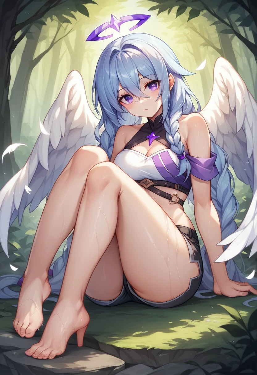 masterpeace, best quality, highres, 1girl, (purple eye:1.5), light blue hair, hair between eyes, long hair,  break asymmetrical clothes, barefoot, angel, wings background, black thighs, high heel, mini shorts, thighs, break looking at viewer, break outdoors, (forest_background:1.3), break (masterpiece:1.2), best quality, high resolution, unity 8k wallpaper, (illustration:0.8), (beautiful and delicate eye:1.6), very detailed face, perfect lighting, Highly detailed CG, (perfect hands, complete anatomy), (sexy:1.2), (cute_chest), alone, left eye covering by hair, hair covering left eye, one eye, LEFT EYE hidden by hair, twin braids, feet, shiny feet, curvy legs, shiny hair, shiny eye, wet skin,