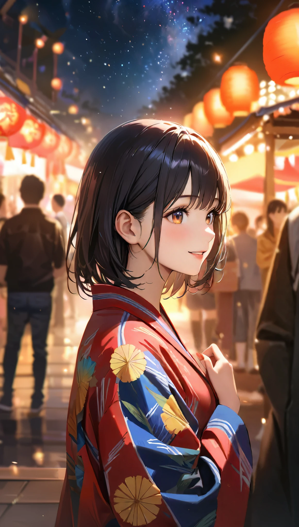 Young woman enjoying the summer festival,night, Starry Sky,Cute Yukata,Gazing at the sky,Blur the background,high school girl,smile,Highest quality, 8k, High resolution, masterpiece:1.2, Very detailed, Realistic:1.37, High resolution, 超High resolution, Ultra-fine painting, Very detailed, Professional, Vibrant colors