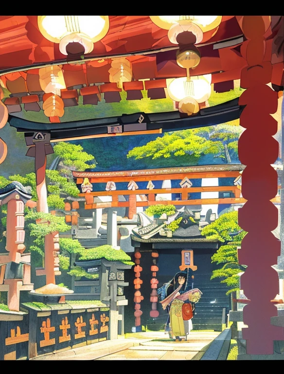 Best quality,(masterpiece:1,2),highres,original,perfect lighting,extremely detailed wallpaper,(extremely detailed CG:1.2),(Japanese manga style:2),Studio Ghibli,Hayao Miyazaki style,high saturation,rich details,A girl carrying a bag walking down the street,cartoon style,Japanese cartoon,