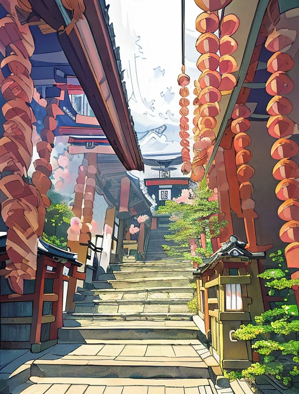 Best quality,(masterpiece:1,2),highres,original,perfect lighting,extremely detailed wallpaper,(extremely detailed CG:1.2),(Japanese manga style:2),Studio Ghibli,Hayao Miyazaki style,high saturation,rich details,A girl carrying a bag walking down the street,cartoon style,Japanese cartoon,