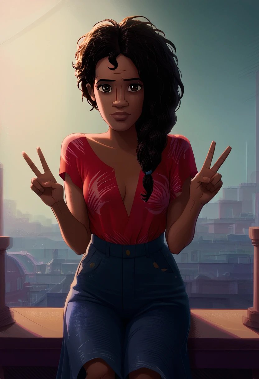 Morales River, 1 girl, 独奏, Bblack hair, darkskin, mulher de darkskin, bared shoulders, breasts big, strapless, bare arms, ssmile, plein-air, short top, peace sign, tilt your head, tiro de cowboy, coxas nuas, ((short doll)), facing the front, 1 girl, alone, ssmile saliente, gazing at viewer, fully body, pose, best qualityer, no flaws