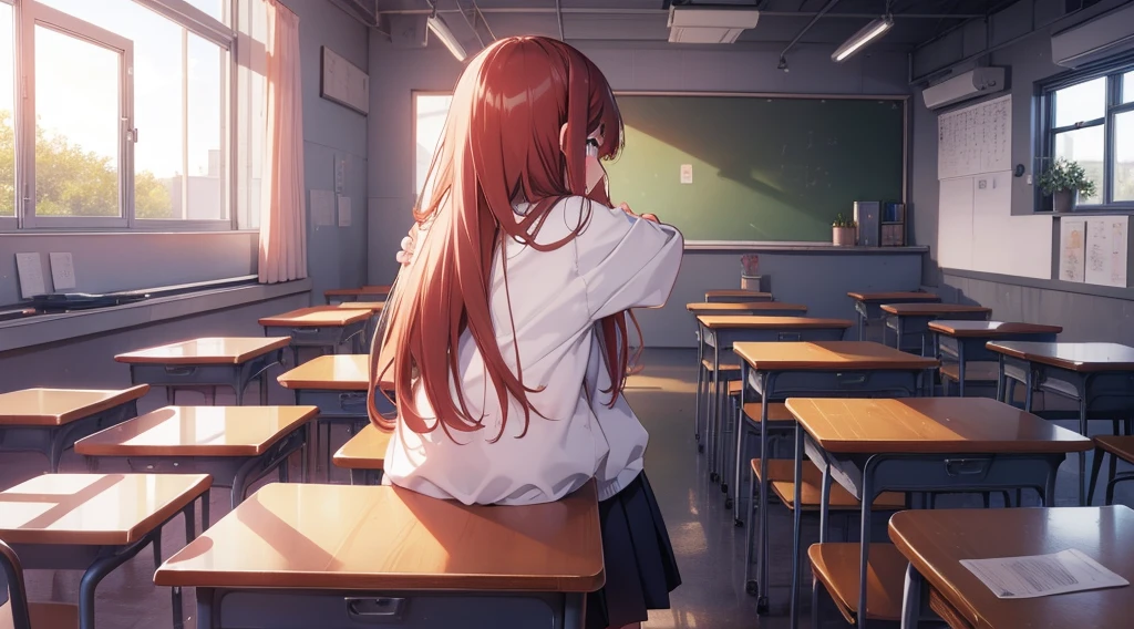 (Highest quality、detailed、masterpiece、8K)、(2Cute girl)、((Hug from behind))、Redness、high school girl、classroom